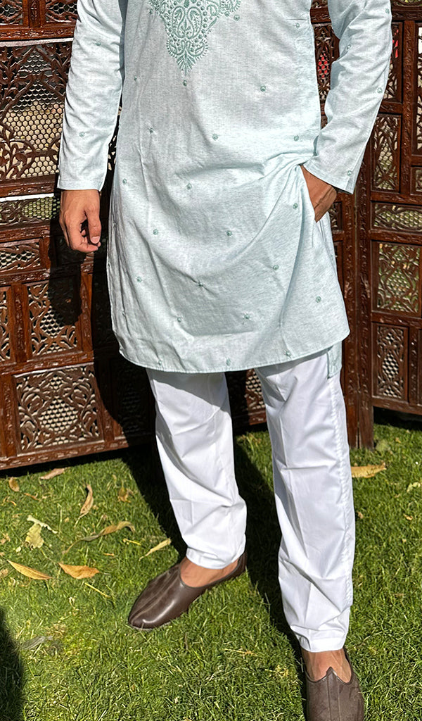 Men's Lucknowi Handcrafted Cotton Chikankari Kurta - HONC0329873