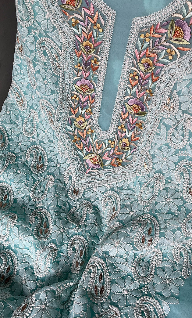 Women's Lakhnavi Handcrafted Unstitched Faux-Georgette Chikankari Suit Material - HONC0291830