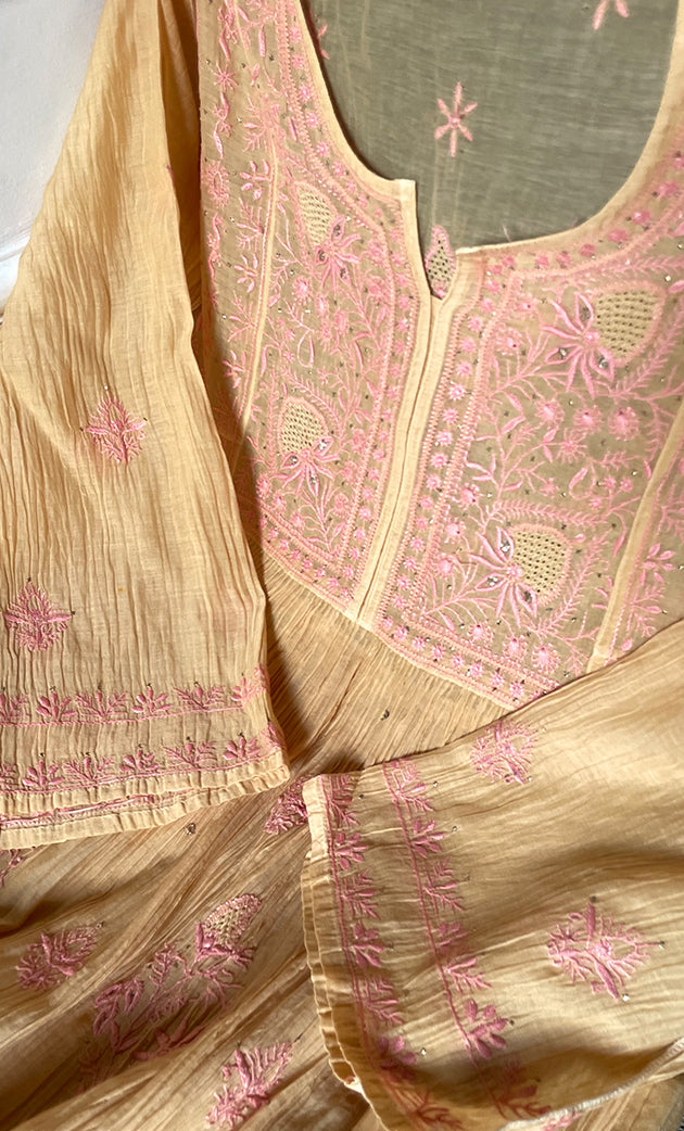 Women's Lakhnavi Handcrafted Mul Chanderi Semi-Stitched Kurta And Dupatta Set - HONC0284708