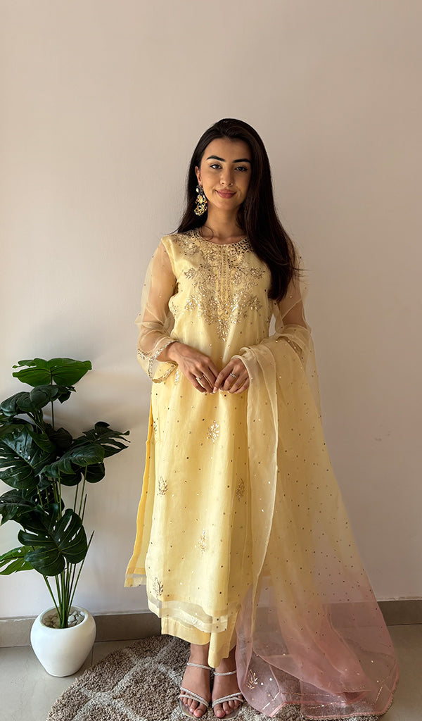 Women's Lucknowi Handcrafted Pure Organza Silk Stitched Chikankari Kurta, Dupatta With Pant Set- HONC0368442