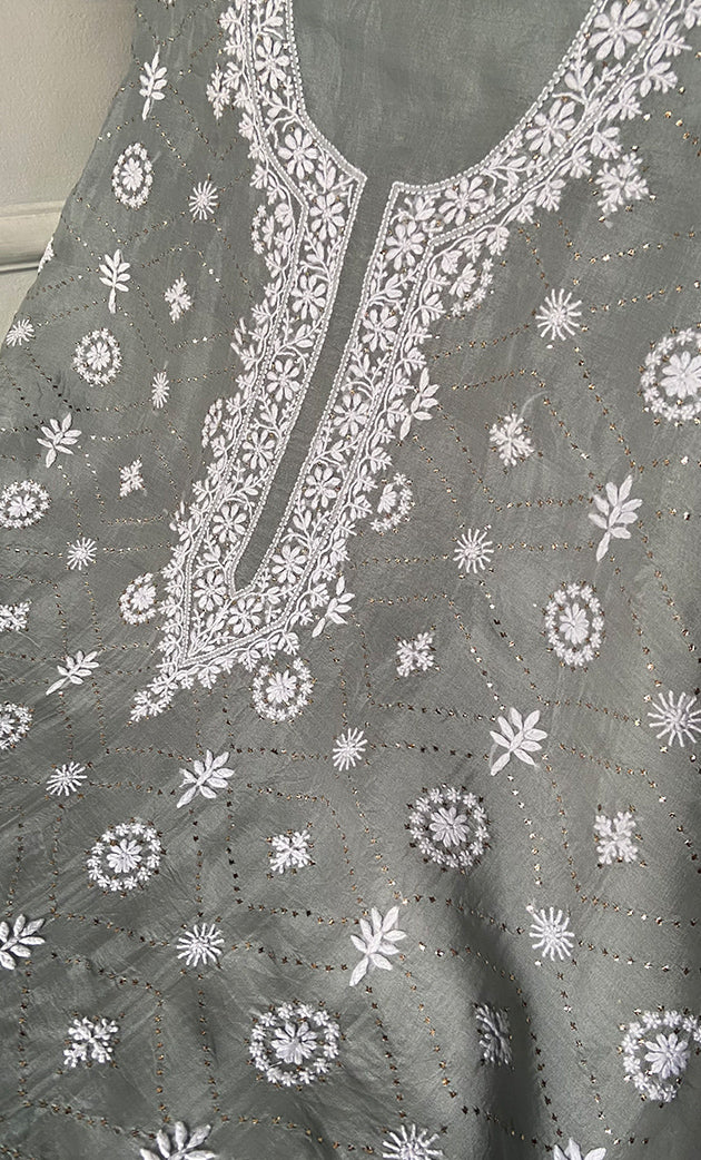 Rubi Women's Lakhnavi Handcrafted Pure Organza Chikankari Unstitched Kurta And Dupatta Set-  HONC0326309