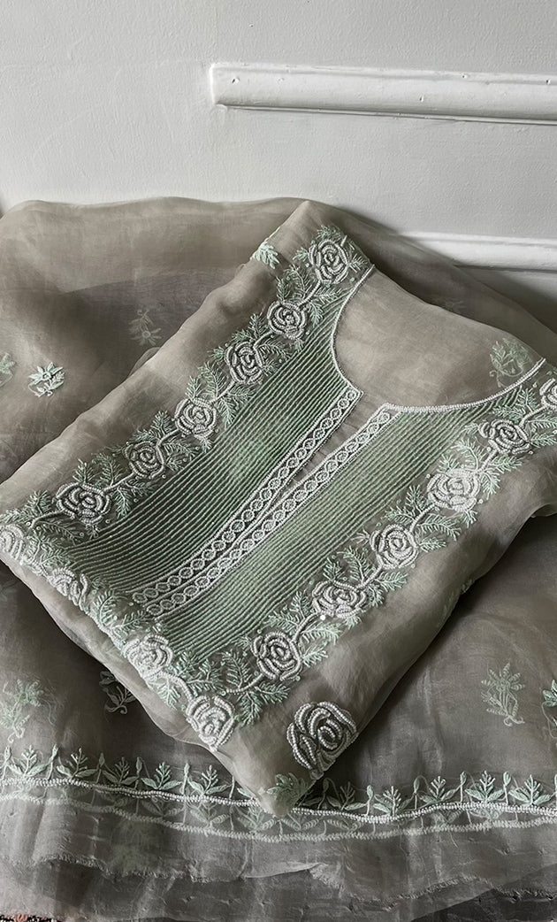 Women's Lakhnavi Handcrafted Pure Organza Chikankari Unstitched Kurta And Dupatta Set- HONC0311242