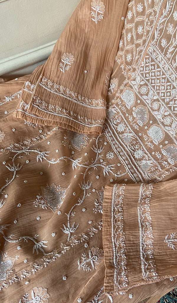 Women's Lakhnavi Handcrafted Mul Chanderi Semi Stitched Kurta And Dupatta Set - HONC358771