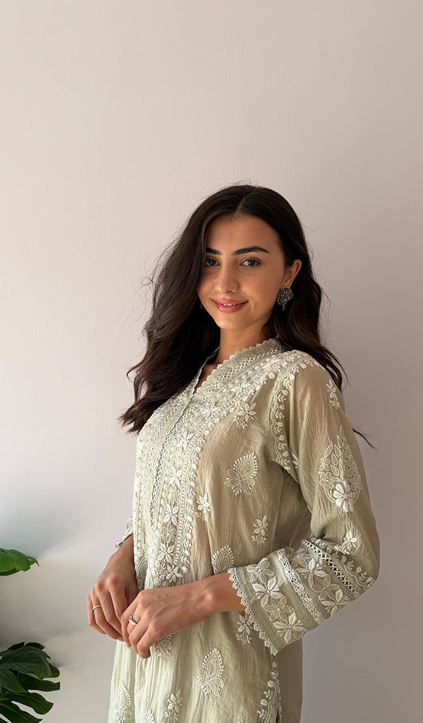 Women's Lucknowi Handcrafted Mul Chanderi Stitched Chikankari Kurta And Plazzo Set- HONC0378820