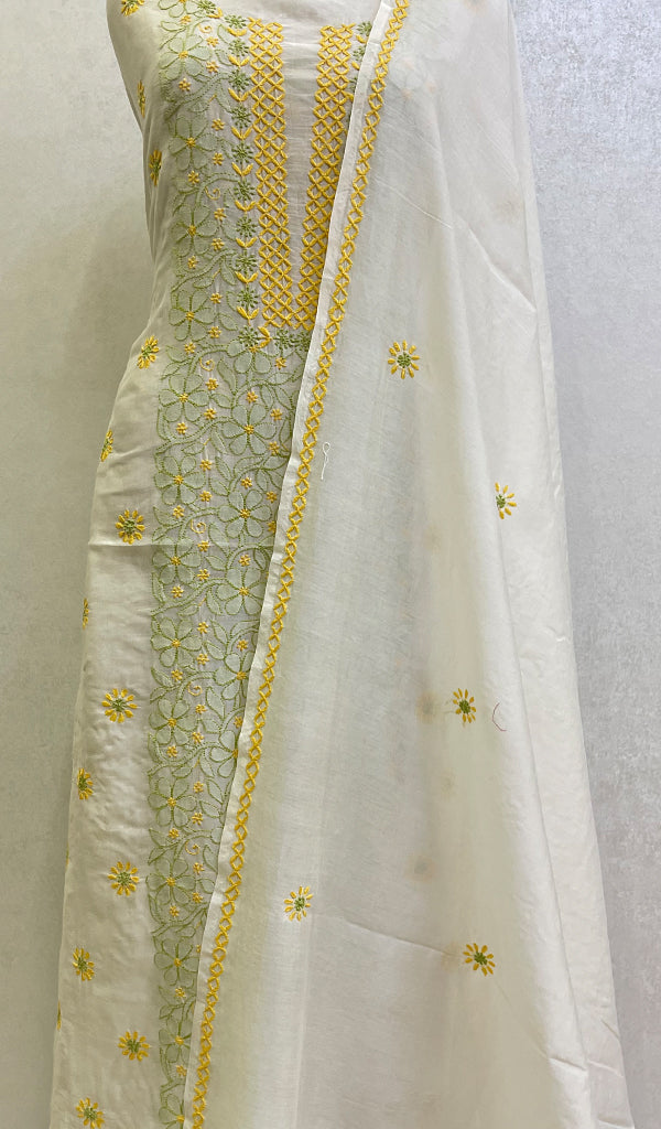Women's Lucknowi Handcrafted Chanderi Silk Chikankari Kurta Dupatta Fabric - HONC067434