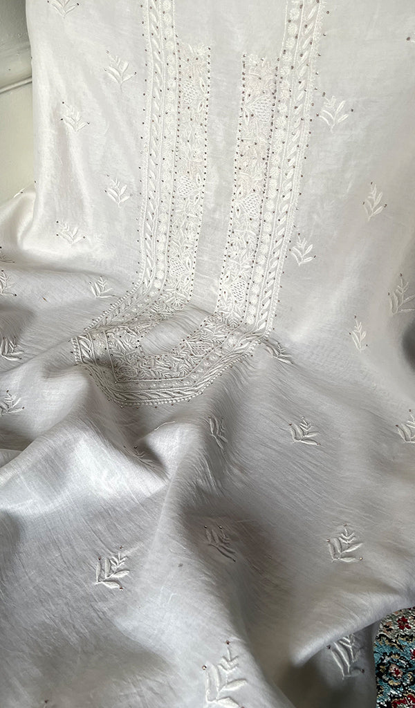 Women's Lucknowi Handcrafted Chanderi Silk Unstitched Chikankari Kurta and Dupatta Set- HONC0276221