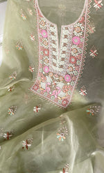 Load image into Gallery viewer, Women&#39;s Lakhnavi Handcrafted Pure Organza Chikankari Unstitched Kurta And Dupatta Set- HONC0237139
