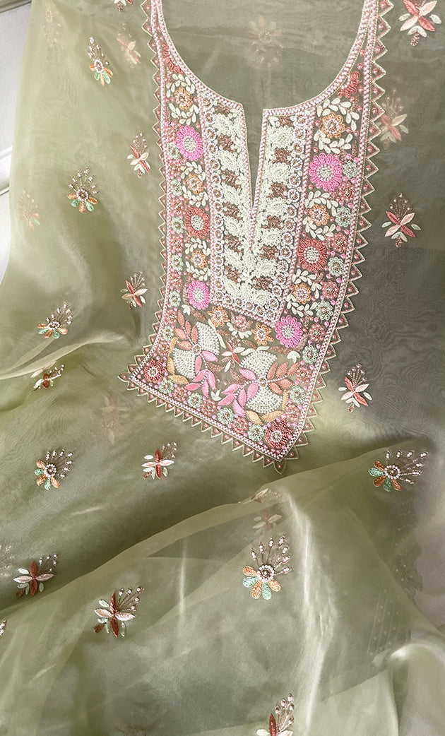 Women's Lakhnavi Handcrafted Pure Organza Chikankari Unstitched Kurta And Dupatta Set- HONC0237139