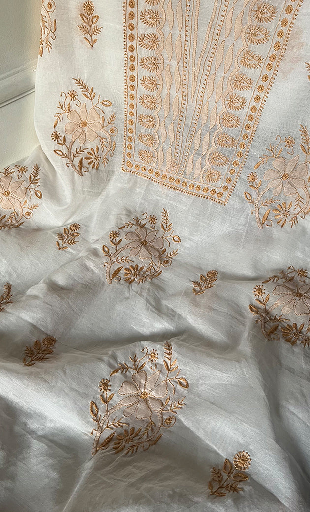 Women's Lakhnavi Handcrafted Mul Chanderi Unstitched Kurta And Dupatta Set- HONC0329236