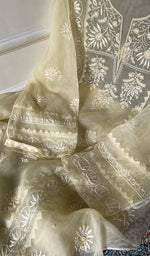 将图像加载到图库查看器中， Women's Lakhnavi Handcrafted Pure Organza Chikankari Semi - stitched Kurta And Dupatta Set- HONC0310094