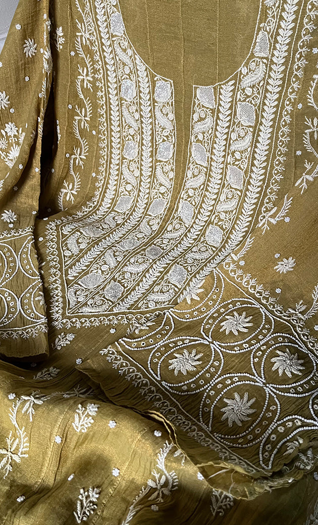Women's Lucknowi Handcrafted Tissue Chanderi Semi - stitched  Chikankari Anarkali Full Set - HONC0322222