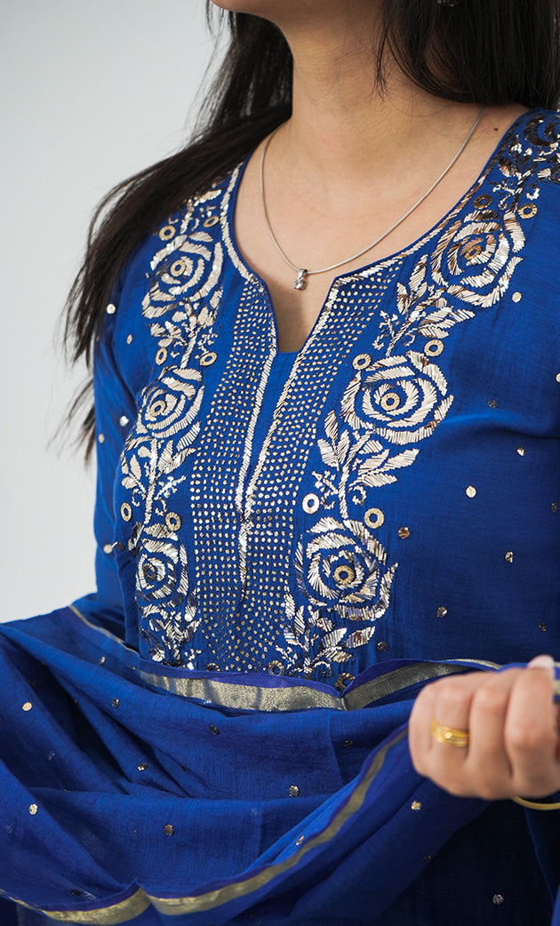 Shanaya Women's Lakhnavi Handcrafted Mul Chanderi Chikankari Stitched Kurta, Dupatta And Pant Set - HONC0322417