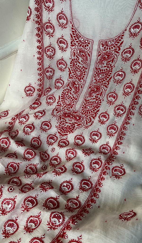 Women's Lakhnavi Handcrafted Mul Chanderi Unstitched Kurta And Dupatta Set - HONC0284791
