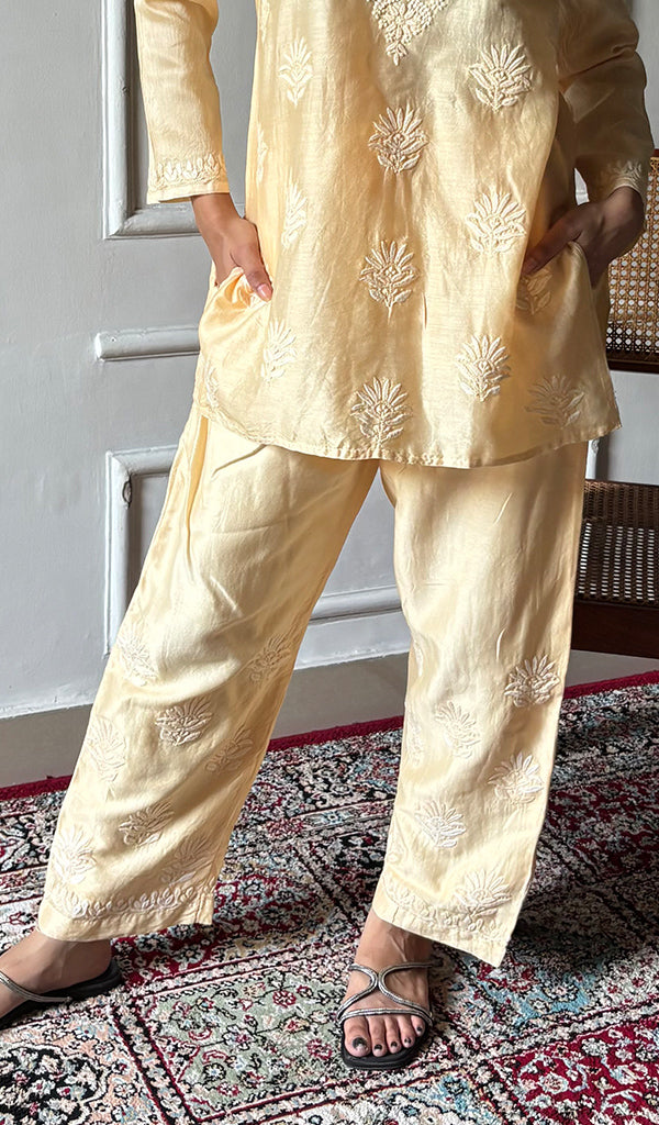 Women's Lakhnavi Handcrafted Chanderi Silk Chikankari Top And Pant Set - HONC0360725