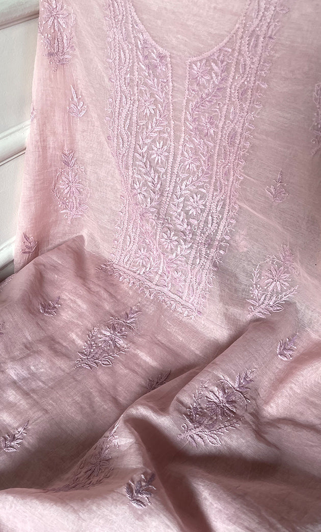 Women's Lakhnavi Handcrafted Mul Chanderi Unstitched Chikankari Full Suit Material - HONC0319532
