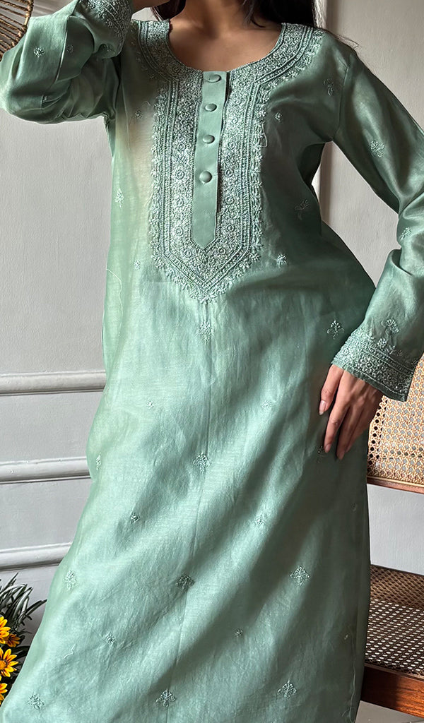 Ishita Women's Lucknowi Handcrafted Chanderi Silk Chikankari Kurti - HONC0340171
