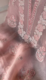 Load image into Gallery viewer, Women's Lakhnavi Handcrafted Pure Organza Chikankari Unstitched Kurta And Dupatta Set- HONC0342714