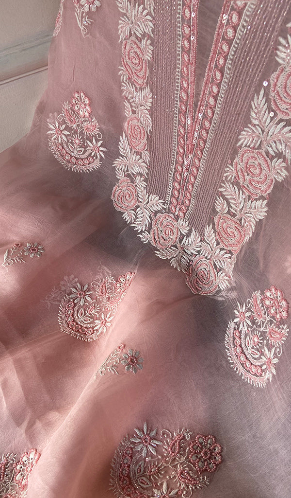 Women's Lakhnavi Handcrafted Pure Organza Chikankari Unstitched Kurta And Dupatta Set- HONC0342714