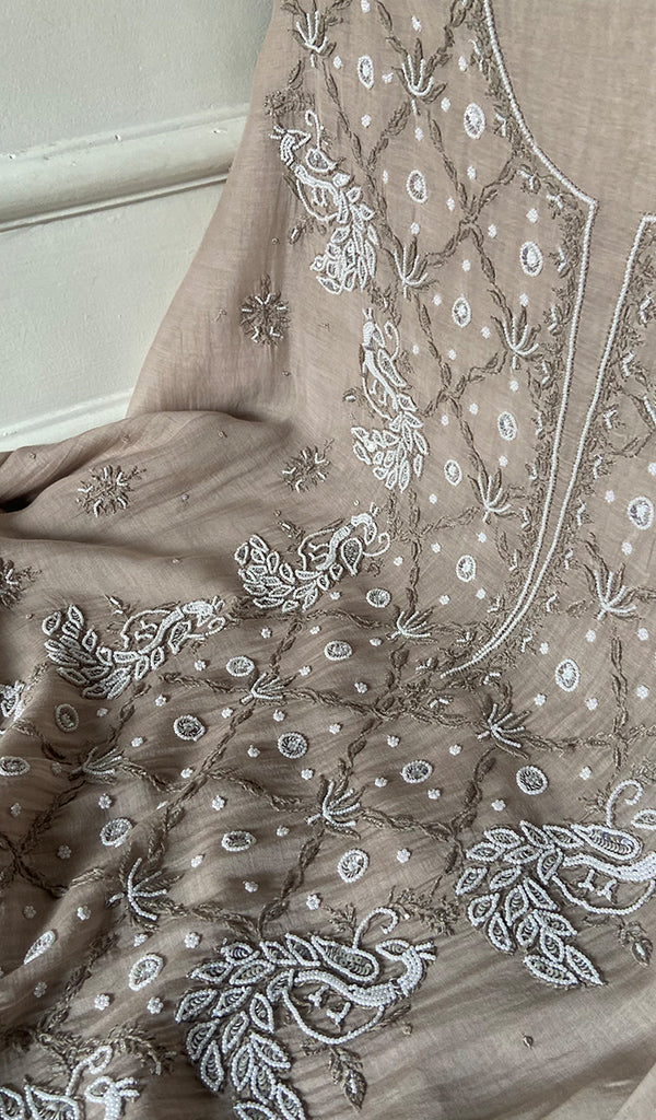 Women's Lakhnavi Handcrafted Mul Chanderi  Unstitched Chikankari Full Suit Material - HONC0339568