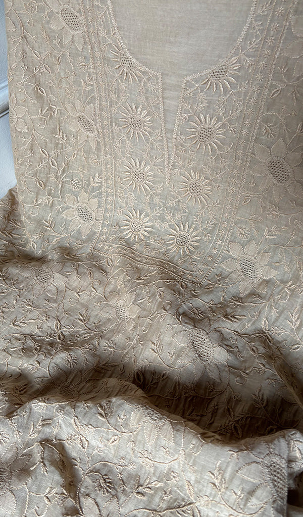 Women's Lakhnavi Handcrafted Mul Chanderi Unstitched Chikankari Full Suit Material - HONC0321754