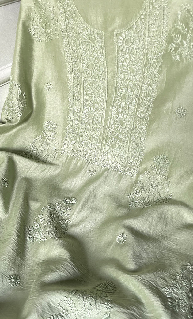 Women's Lucknowi Handcrafted Unstitched Chanderi Silk Chikankari Full Suit Material - HONC0322711
