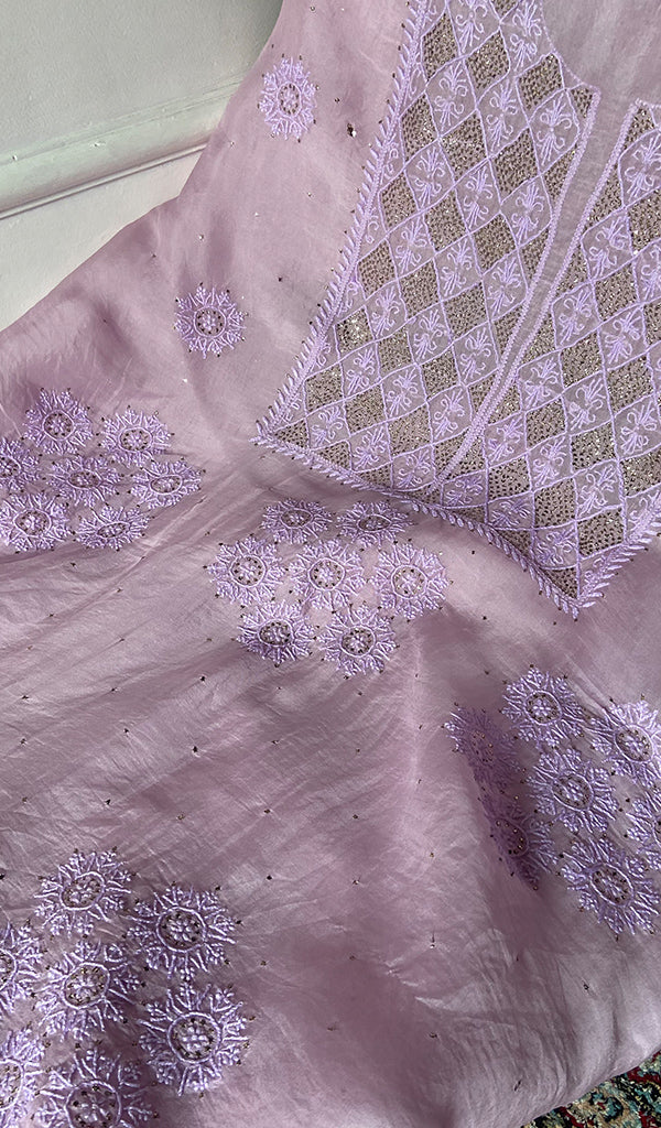Sneha Women's Lakhnavi Handcrafted Pure Organza Chikankari Unstitched Kurta And Dupatta Set- HONC0351776
