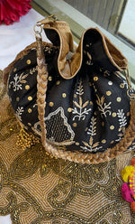 Load image into Gallery viewer, Black Chikankari Embroidered Potli Bag with Golden Bead Tassels - HONC0316098

