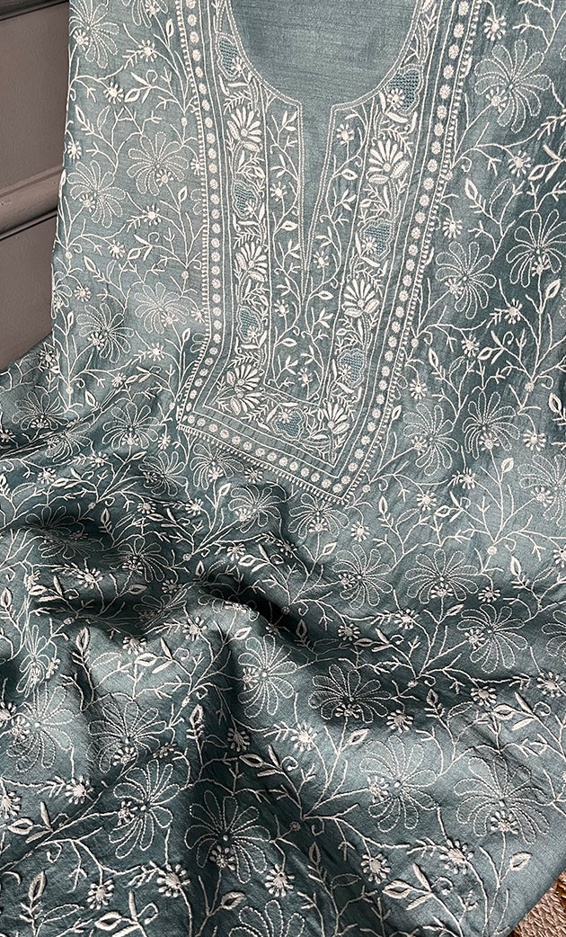 Women's Lakhnavi Handcrafted Munga Silk Chikankari Kurta And Dupatta Set- HONC0275145