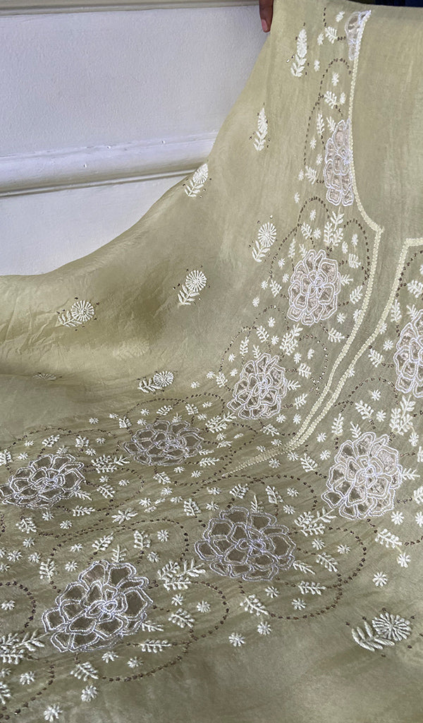 Women's Lakhnavi Handcrafted Pure Organza Chikankari Unstitched Kurta And Dupatta Set- HONC0331155