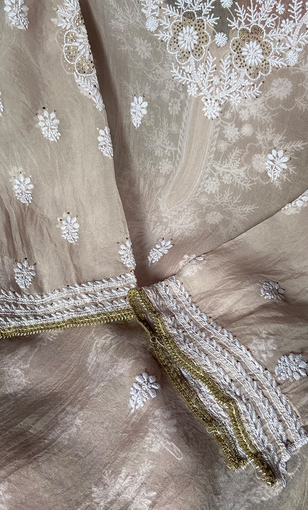 Women's Lakhnavi Handcrafted Pure Organza Chikankari Semi - stitched Kurta And Dupatta Set- HONC0288872