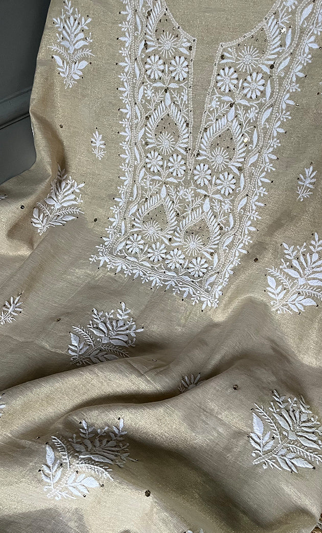 Women's Lakhnavi Handcrafted Tissue Chanderi Unstitched Kurta And Dupatta Set - HONC0267132