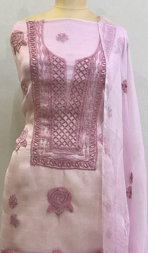 Women's Lakhnavi Handcrafted Pure Organza Chikankari Unstitched Kurta And Dupatta Set - HONC0228641