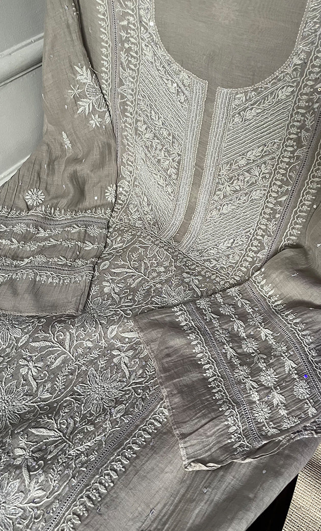 Women's Lakhnavi Handcrafted Mul Chanderi Semi - Stitched Kurta And Dupatta Set- HONC0282235
