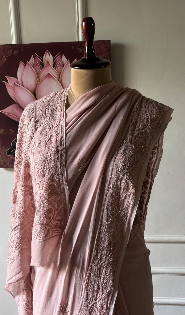 Women's Lakhnavi Handcrafted Viscose Georgette Chikankari Saree - HONC0337527
