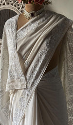 Load image into Gallery viewer, Women's Lakhnavi Handcrafted Pure Silk Georgette Chikankari Saree- HONC0325906