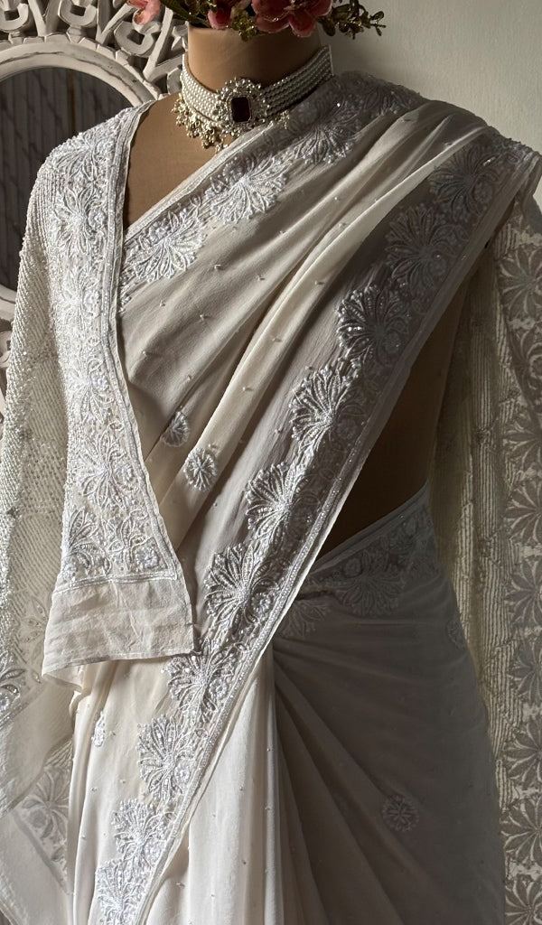 Women's Lakhnavi Handcrafted Pure Silk Georgette Chikankari Saree- HONC0325906