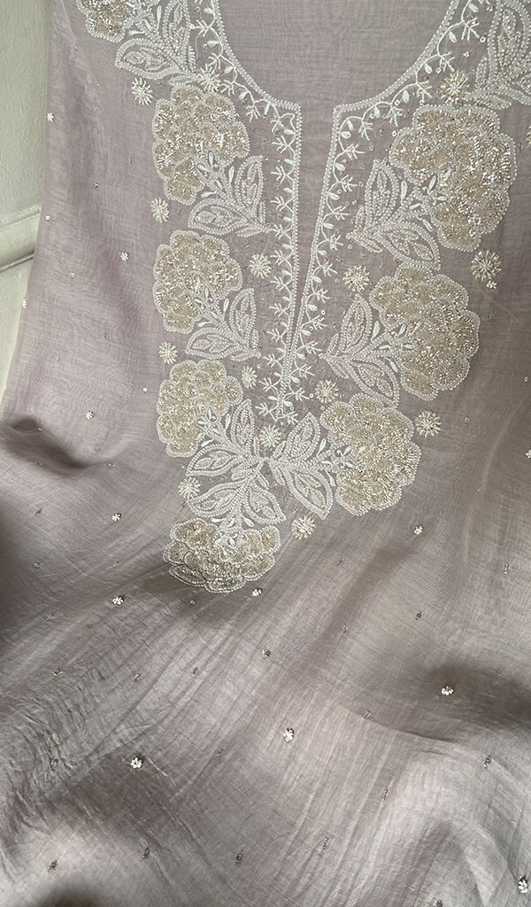 Women's Lakhnavi Handcrafted Mul Chanderi Unstitched Kurta And Dupatta Set - HONC0318622