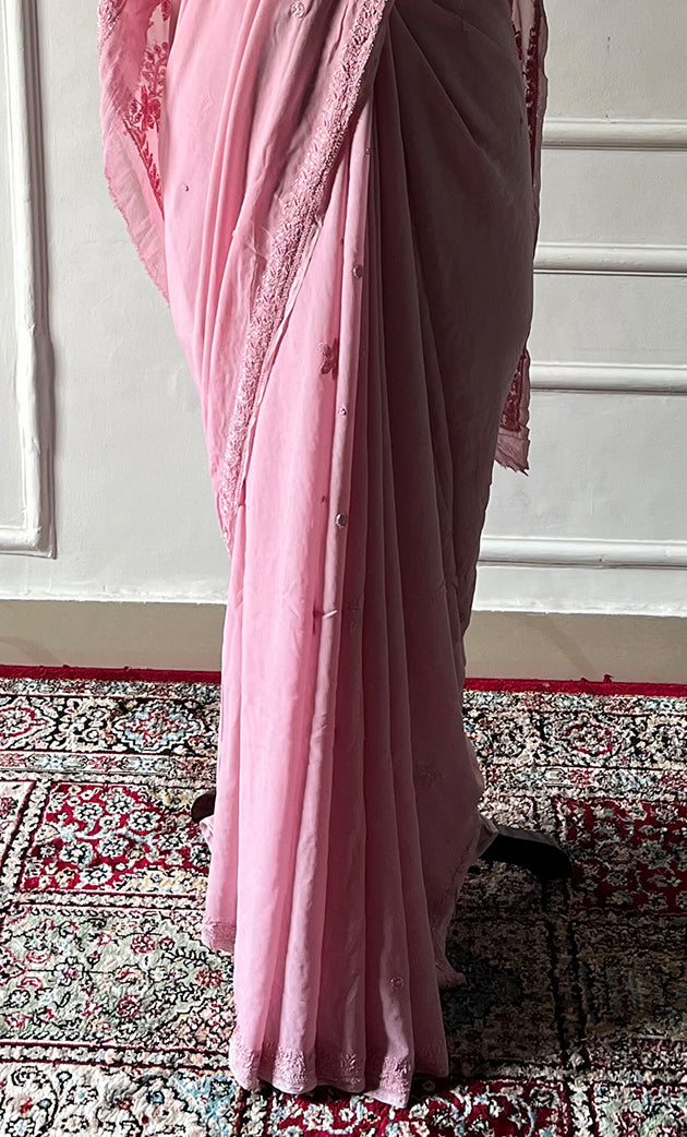 Women's Lakhnavi Handcrafted Viscose Georgette Chikankari Saree - HONC0333856