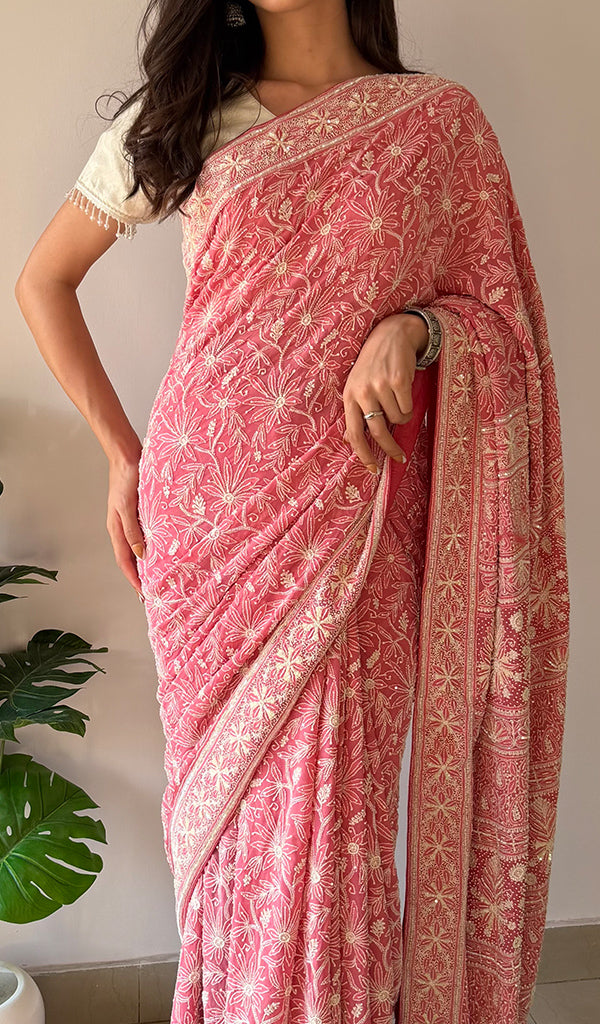 Women's Lakhnavi Handcrafted Pure Silk Georgette Chikankari Saree - HONC0334748