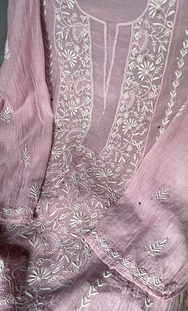 Women's Lakhnavi Handcrafted Mul Chanderi Semi - Stitched Anarkali And Dupatta Set - HONC0284741
