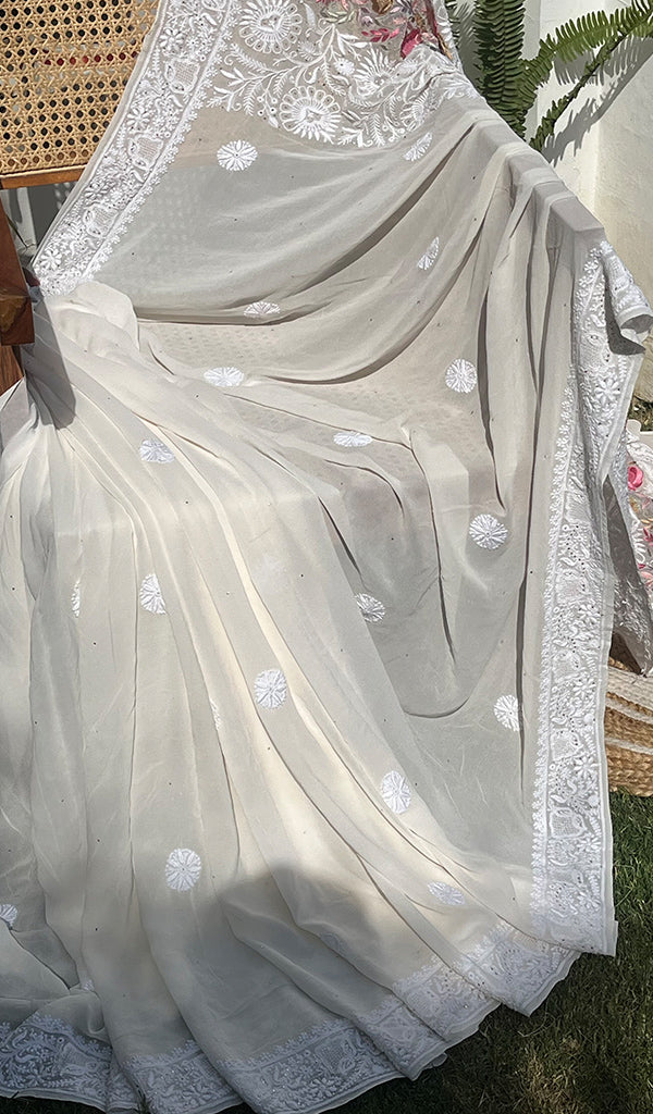 Women's Lakhnavi Handcrafted Pure Silk Georgette Chikankari - HONC0274174