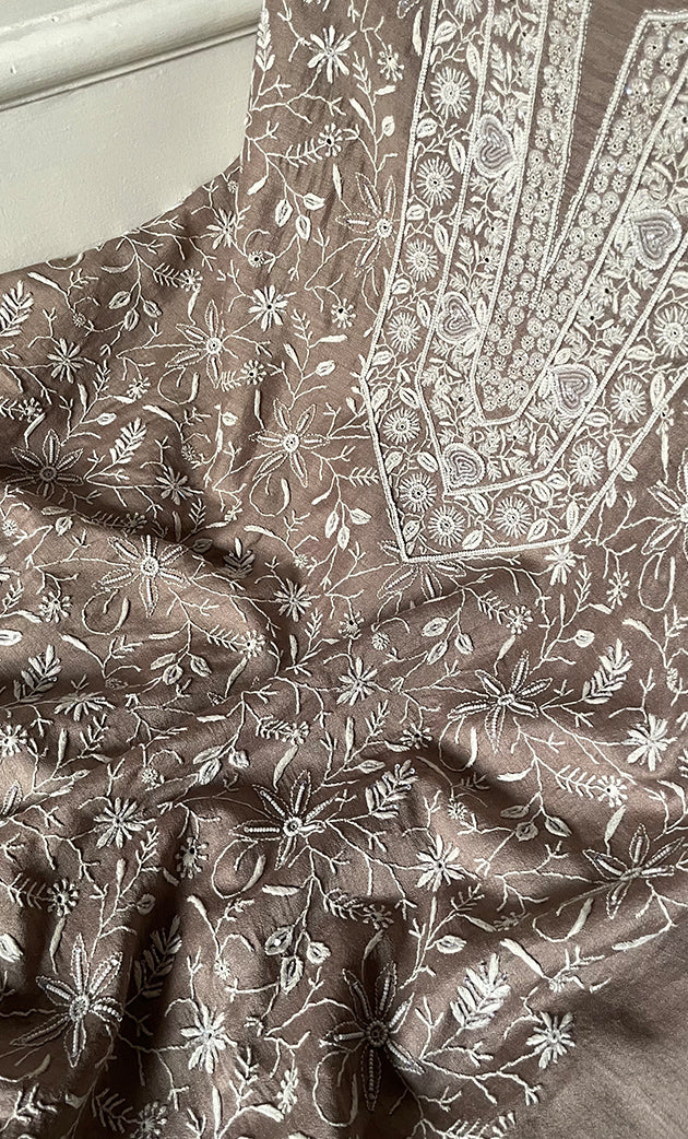 Women's Lakhnavi Handcrafted Unstitched Munga Silk Chikankari Kurta And Dupatta Set- HONC0280937