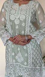Women's Lucknowi Handcrafted Mul Chanderi Stitched Chikankari Short Kurta And Plazzo Set .