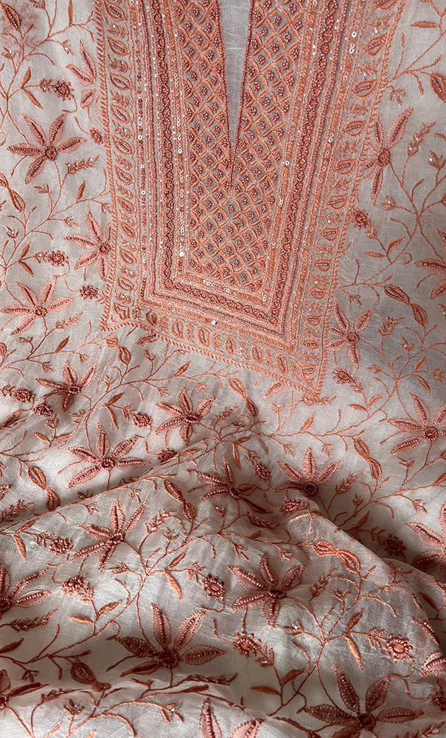 Women's Lakhnavi Handcrafted Pure Organza Chikankari Unstitched Kurta And Dupatta Set- HONC0271902