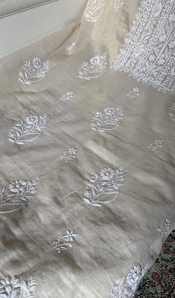 Women's Lakhnavi Handcrafted Tissue Chanderi Unstitched Chikankari Kurta And Dupatta Set - HONC0366814