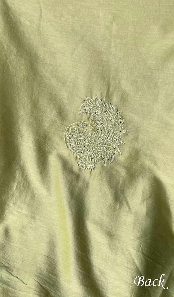 Women's Lakhnavi Handcrafted Chanderi Silk Chikankari Unstitched Kurti Fabric - HONC091933