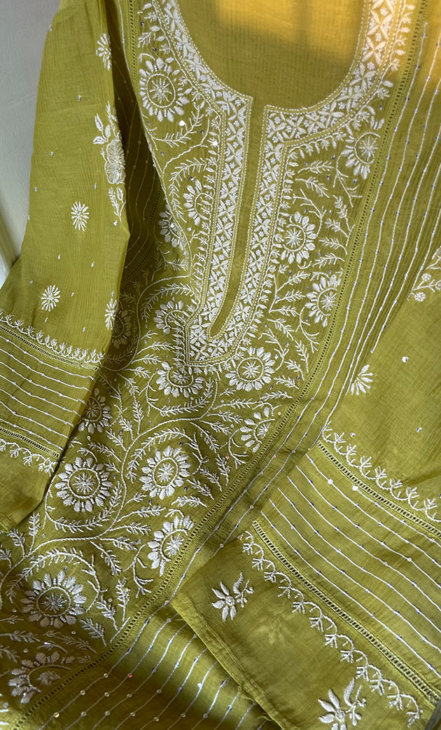 Women's Lakhnavi Handcrafted Maheshwari Mul Chanderi Semi - Stitched Kurta And Dupatta Set - HONC0301239