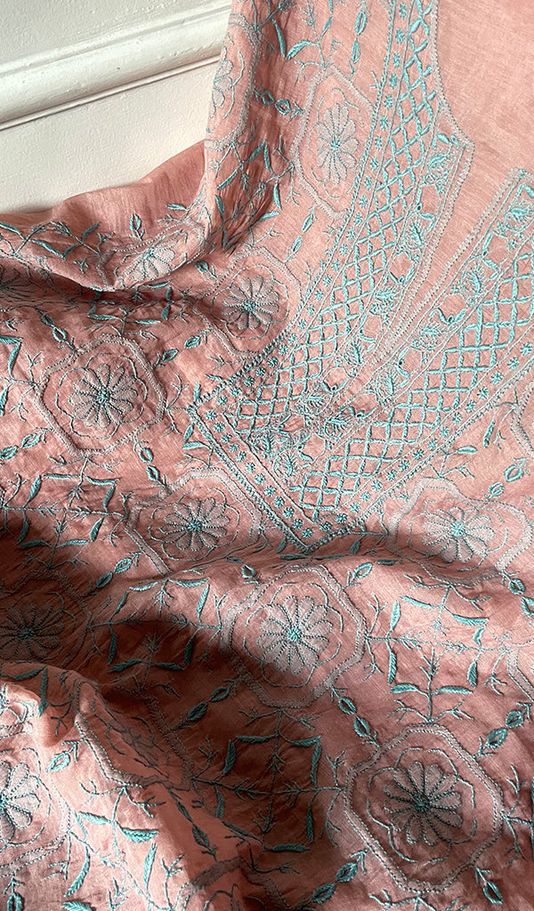 Women's Lakhnavi Handcrafted Mul Chanderi Unstitched Chikankari Full Suit Material - HONC0319508