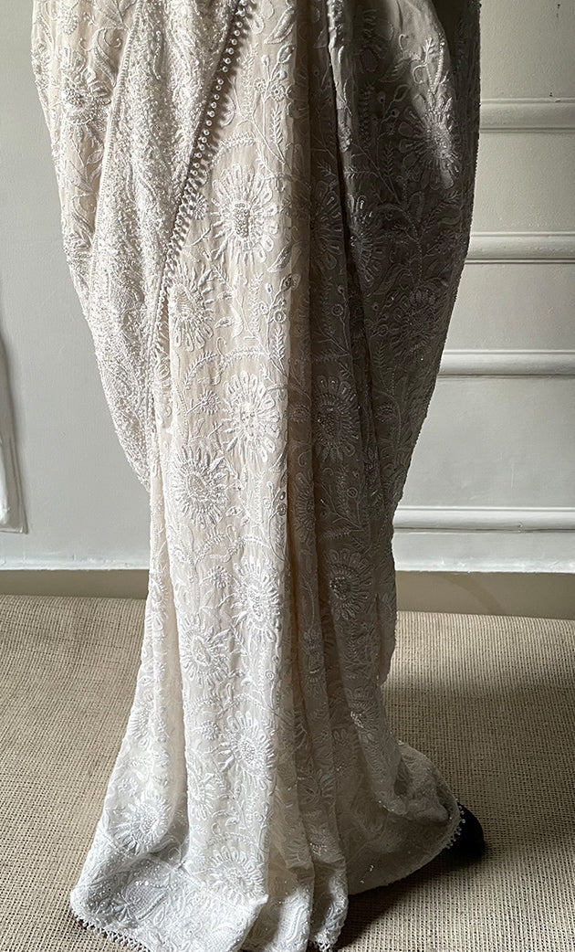 Women's Lakhnavi Handcrafted Pure Silk Georgette Chikankari Saree - HONC0297642