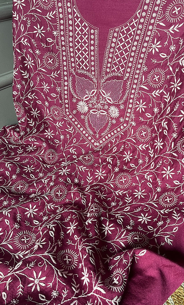 Women's Lakhnavi Handcrafted Munga Silk Chikankari Kurta And Dupatta Set- HONC0264872
